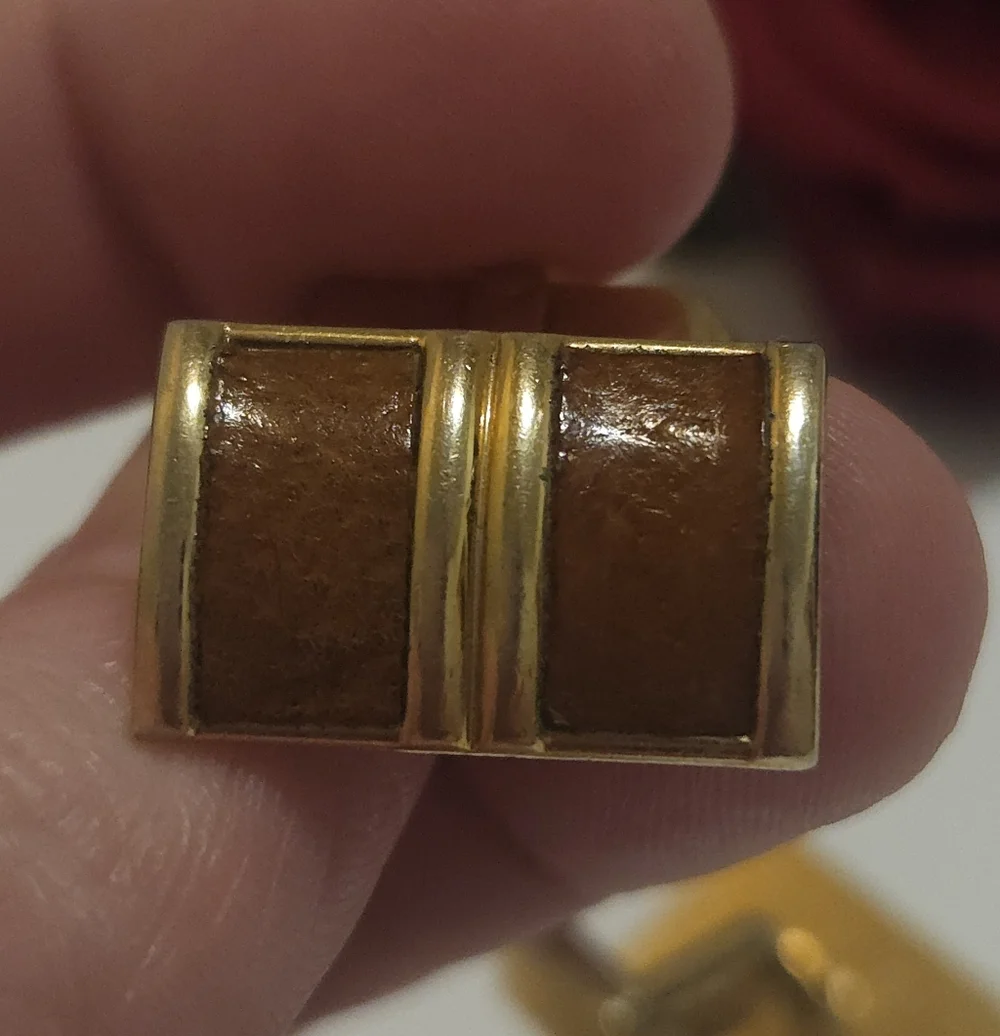 Vintage Swank Gold Plated Brown Leather Cuff Links Unisex